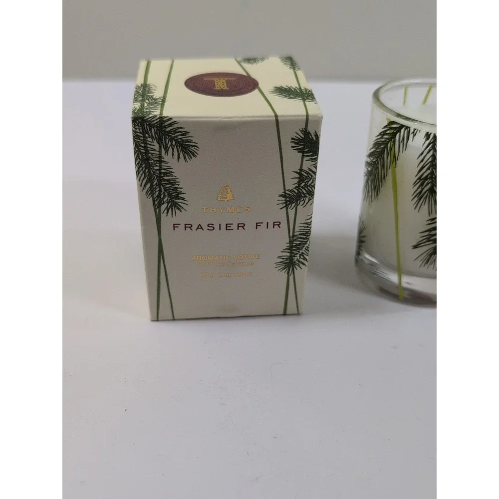 Thymes Frasier Fir Votive – Frosted Plaid Coll. Green Gold & White Glass Jar NEW